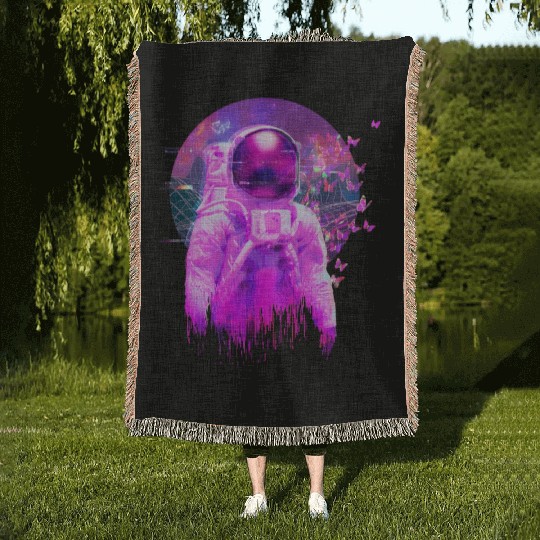 Vaporwave Retrowave Astronaut Space Butterflies Woven Blankets