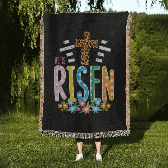 He Is Risen Leopard Cross Easter Jesus Religious Woven Blankets
