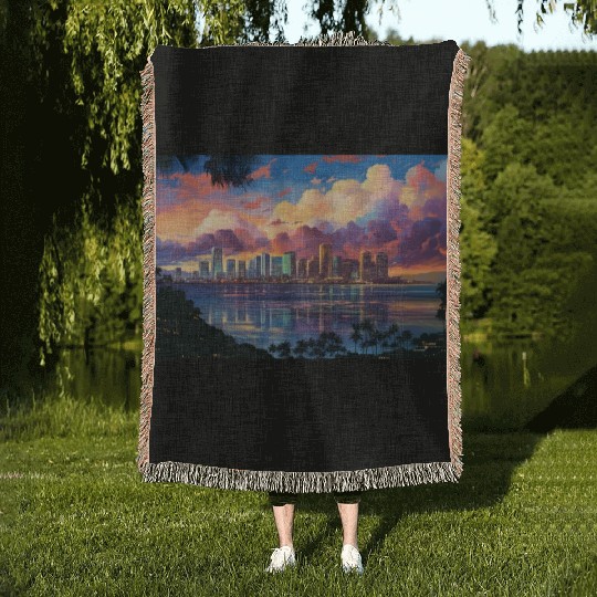Anime Honolulu A Vibrant Anime Inspired Skyline Woven Blankets