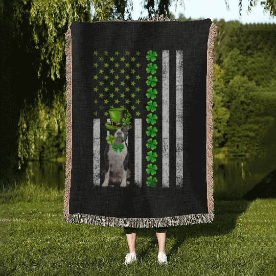 American Flag Boston Terrier Dog St Patric Day Woven Blankets