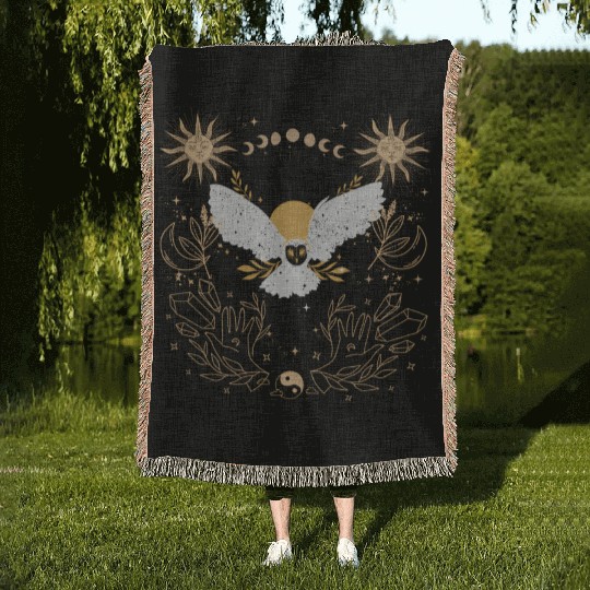Dark Academia Tarot Card Sun Moon Crystals Owl Woven Blankets