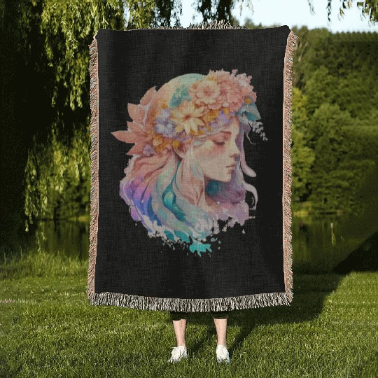 Watercolor Girl Spring Flower Crown Fairy Cottagec Woven Blankets