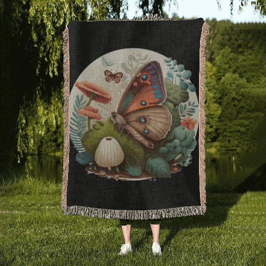 Cottagecore Butterfly Mushroom Plants Botanic Herb Woven Blankets
