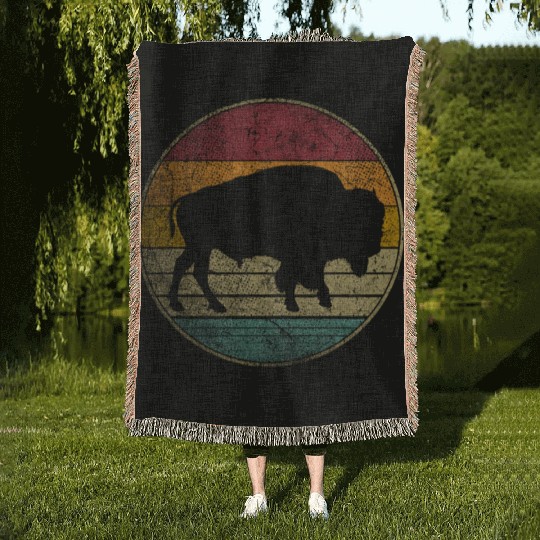 Buffalo Distressed Bison Animal Dad Woven Blankets
