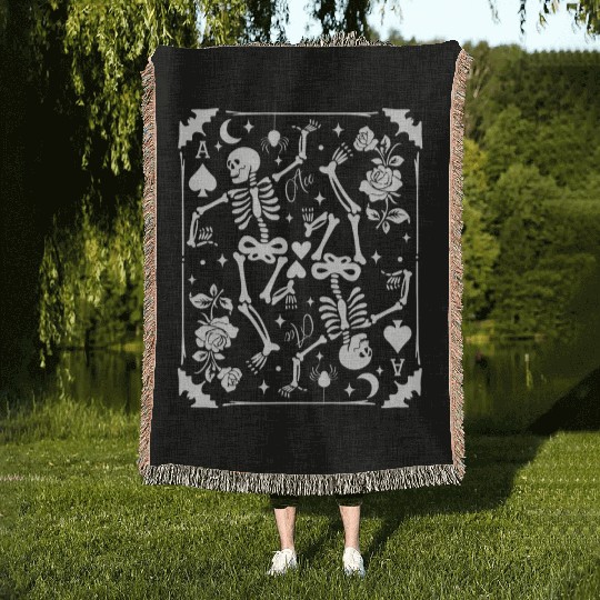Skeleton Ace Of Spades Card Goblincore Punk Grunge Woven Blankets