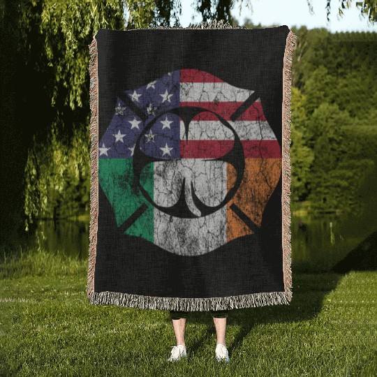 Firefighter St Patric Day Irish American Flag Woven Blankets