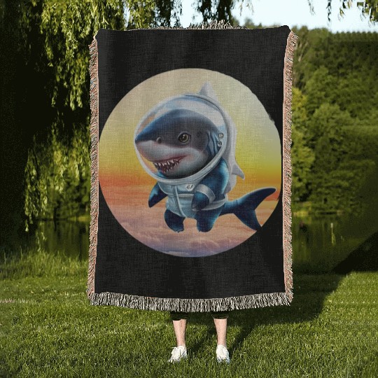 Shark astronaut at sunset Woven Blankets