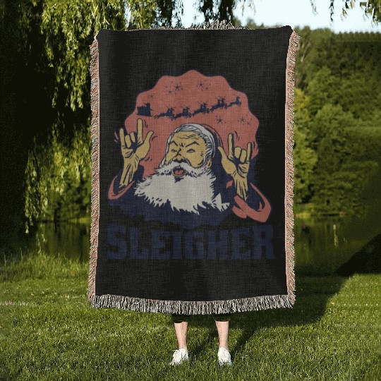 Heavy Metal Santa Sign Of The Horns Woven Blankets