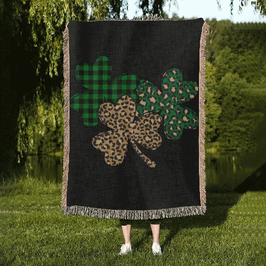 Lucky Leopard Shamrock St Patric Day Woven Blankets