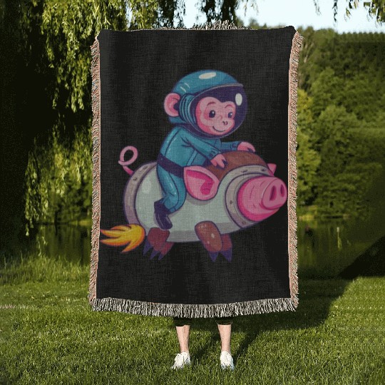 Pig and Monkey as Astronauts Woven Blankets