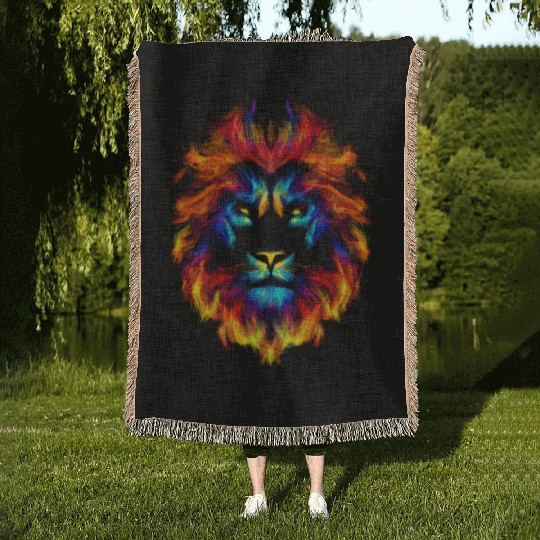Head of a lion multi colored fire lion head leo Woven Blankets