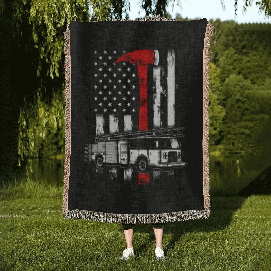 American Firefighter Fire Truck Red Axe Flag Woven Blankets
