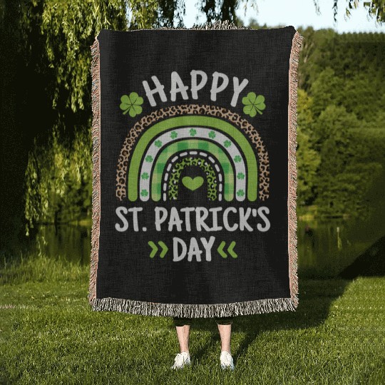 Happy St Patric Day Leopard Print Rainbow Woven Blankets
