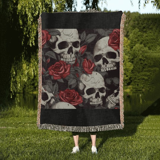 Dark Pattern Skulls & Red Roses Elegant Gothic Woven Blankets