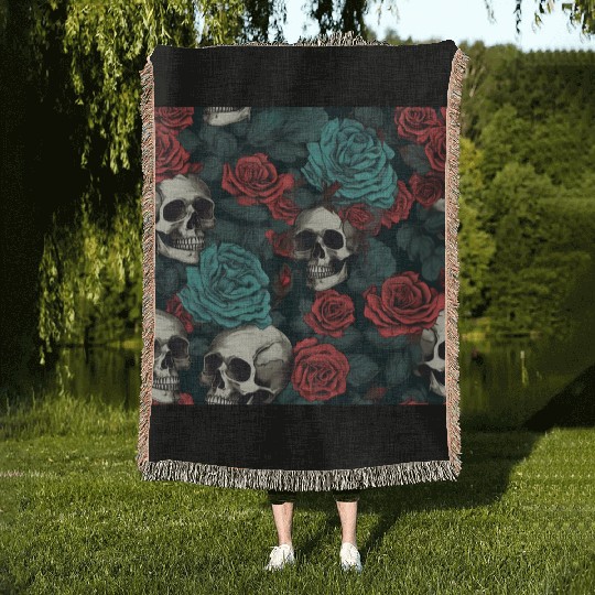 Gothic Skulls & Red Roses Pattern Dark Elegant Woven Blankets
