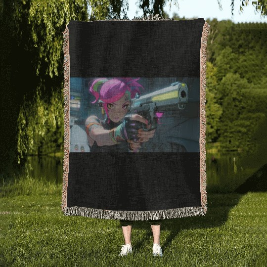 Cyber Sakura: Neon Guardian Woven Blankets