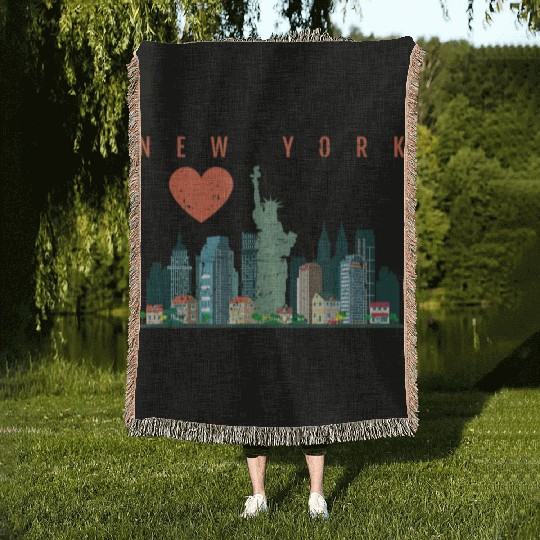 New York City Nyc Skyline Heart Distressed Style Woven Blankets