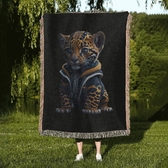 A cute tiny hyper realistic baby jaguar Woven Blankets