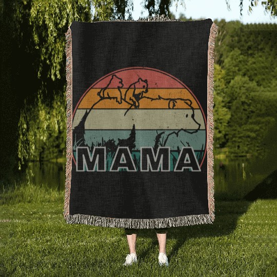 Mama Bear grizzly Retro With Cubs distressed print Woven Blankets