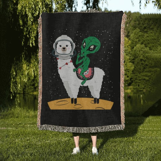 Llama Alien Funny Animal Pun Joke Lover Spacecraft Woven Blankets