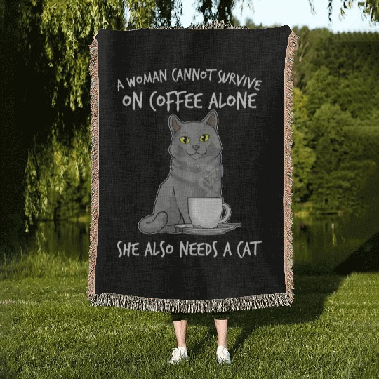 Woman Cat Lover Coffee Lover Caffeine Meow Woven Blankets