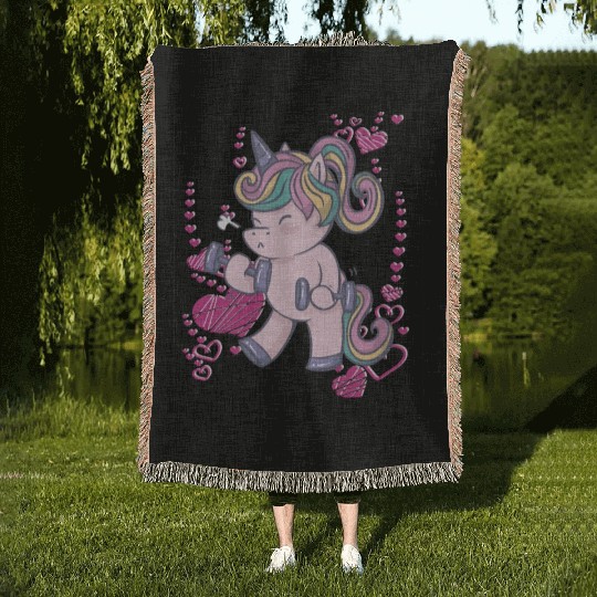 Unicorn trains in the gym and loves bodybuilding Woven Blankets