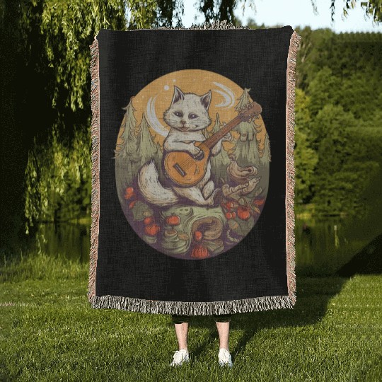 Cat Playing Banjo In The Forest in Cottagecore Woven Blankets