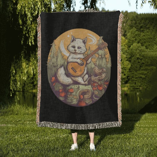 Cat Playing Banjo In The Forest in Cottagecore Woven Blankets