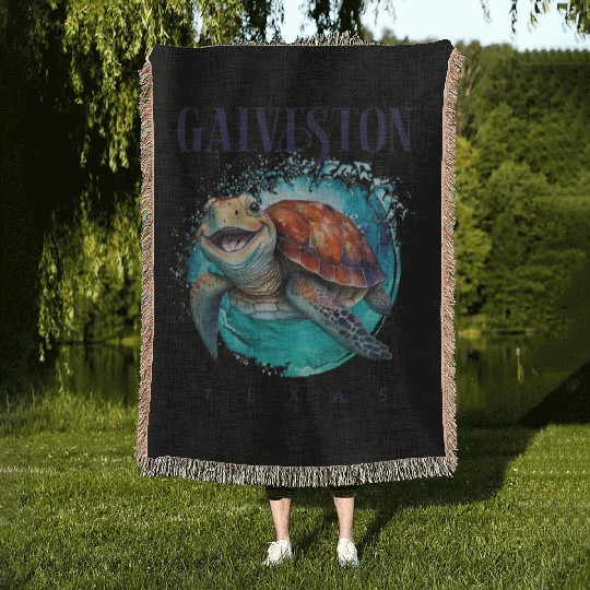 Galveston Texas Watercolor Happy Sea Turtle Woven Blankets