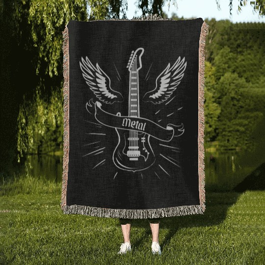 Black Hard Rock Guitar Woven Blankets