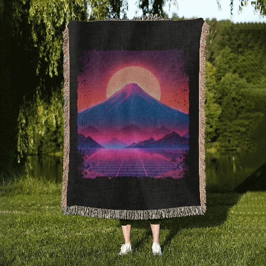 Aesthetic Vaporwave Japan Sight Mount Fuji Volcano Woven Blankets