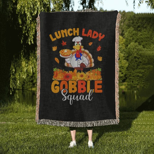 Funny Lunch Lady Autumn Turkey Gobble Happy Woven Blankets