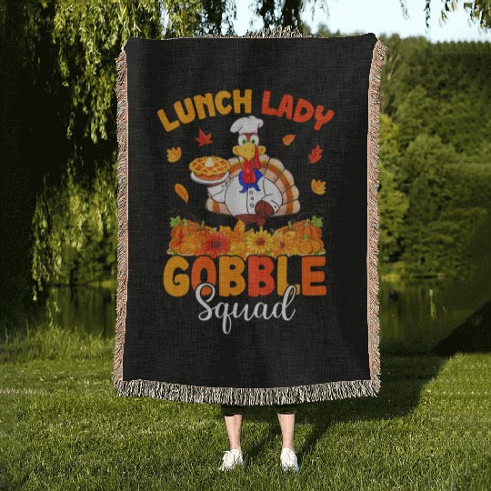 Funny Lunch Lady Autumn Turkey Gobble Happy Woven Blankets
