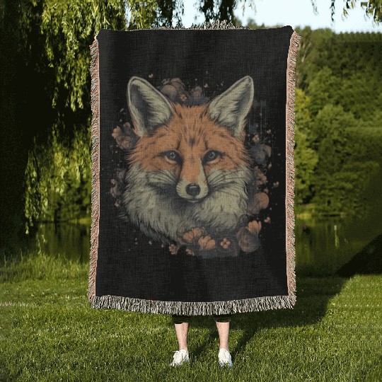Fox red fox with flowers forest animal Woven Blankets