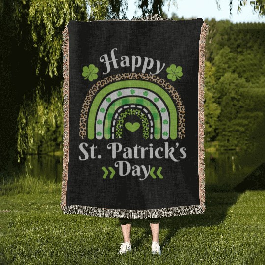 Happy St Patric Day Leopard Print Rainbow Woven Blankets