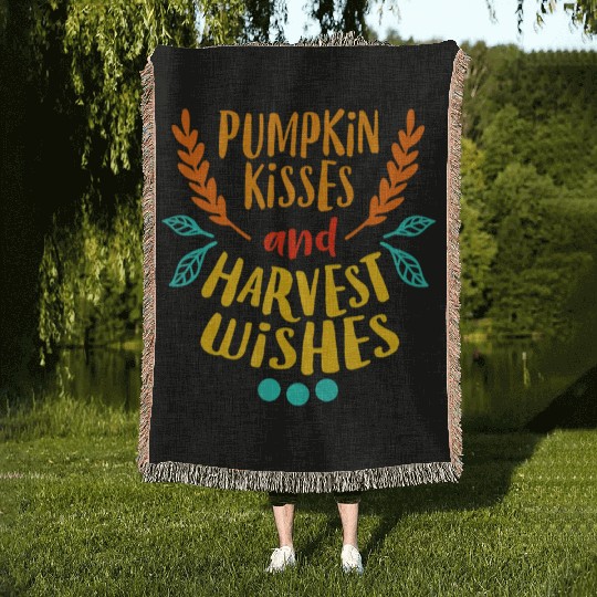 PUMPKIN KISSES HARVEST WISHES Funny Love Fall Woven Blankets