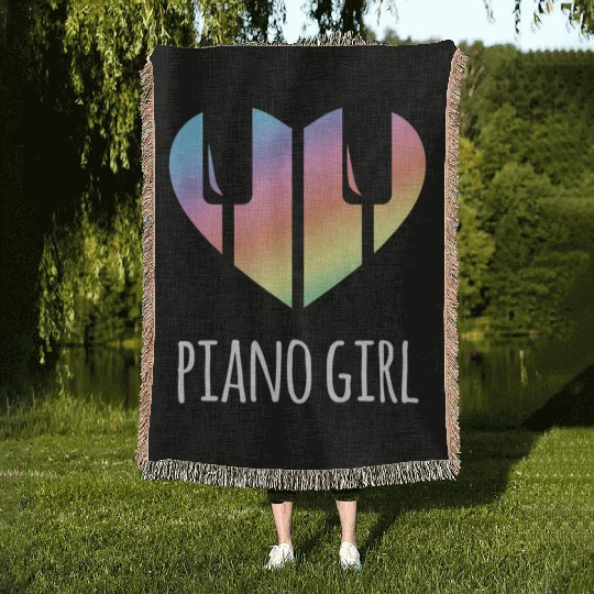 Piano Girl with Rainbow Heart Woven Blankets