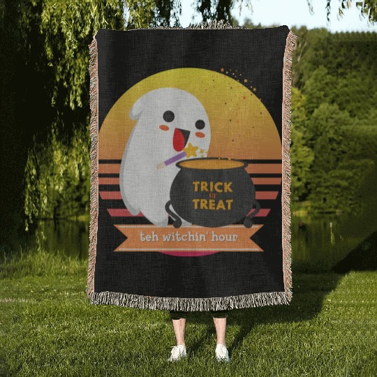Halloween Cute Ghost Witching Hour Trick Or Treat Woven Blankets
