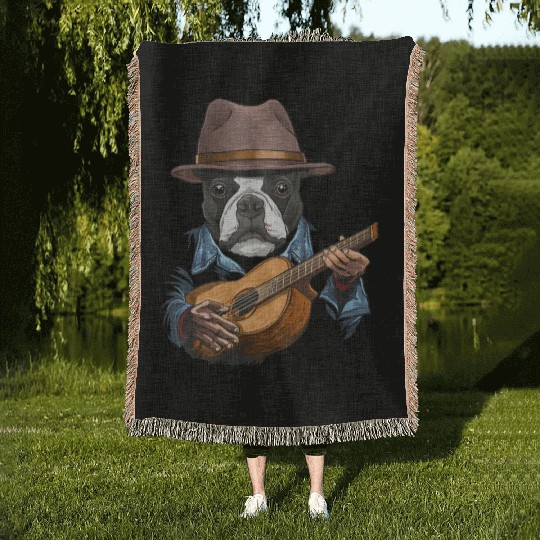Boston Terrier Playing Guitar Pet Dog Lover Woven Blankets