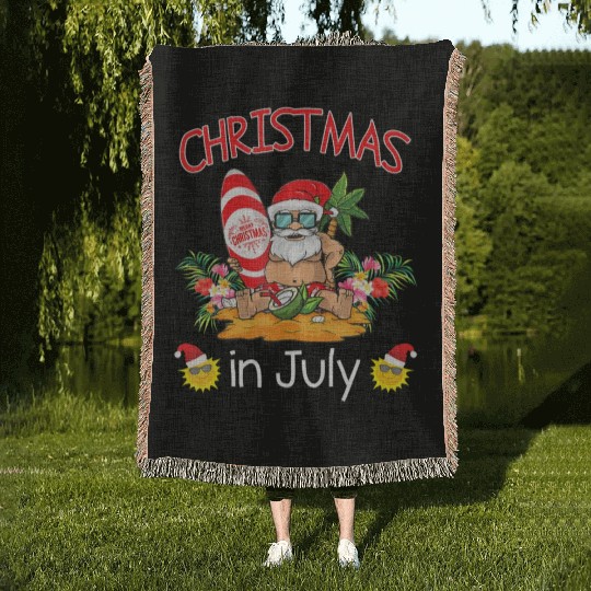 Christmas In July Funny Santa Surfing Summer Woven Blankets