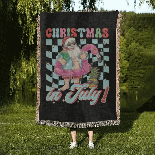 Christmas In July Groovy Santa Flamingo Float Woven Blankets