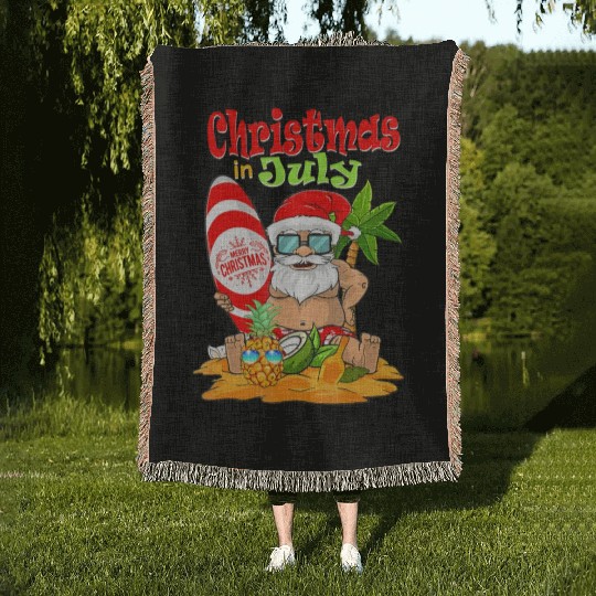 Christmas In July Funny Santa Summer Beach Woven Blankets