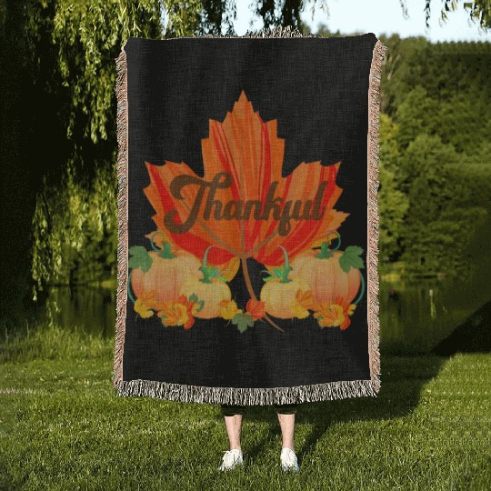 Pumpkin Fall Autumn Thankful Thanksgiving Woven Blankets