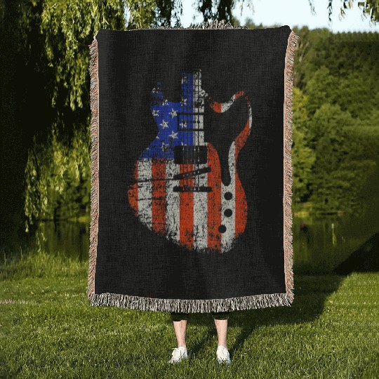 Bassist USA American Flag Bass Guitar Player Woven Blankets