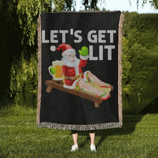 Lets Get Lit Santa Funny Christmas In July Santa Woven Blankets