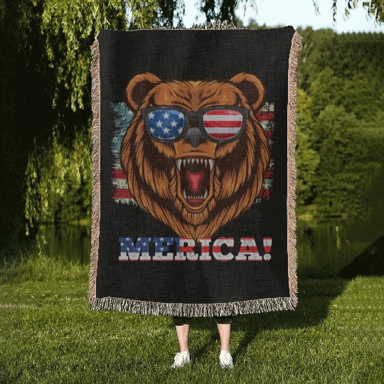 Merica Independence Day American Bear USA Party Woven Blankets