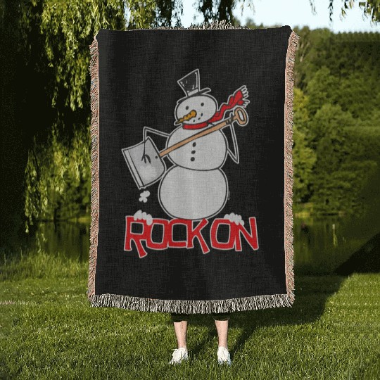 Snowman Shovel Snow Funny Rock On Air Guitar Woven Blankets