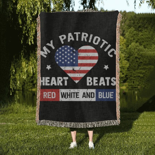 My Patriotic heart red white blue 4th of July Woven Blankets