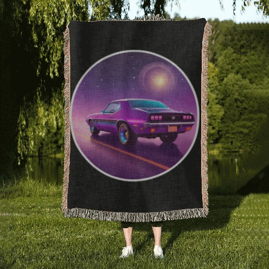 Nostalgic Retro 80s Purple Vaporwave Muscle Car Woven Blankets