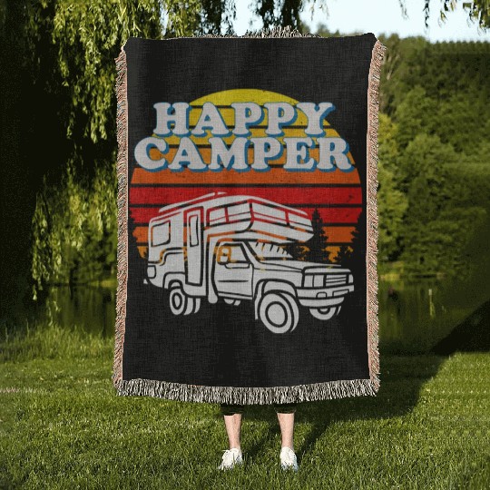 Happy Camper Funny Camping Lover Woven Blankets